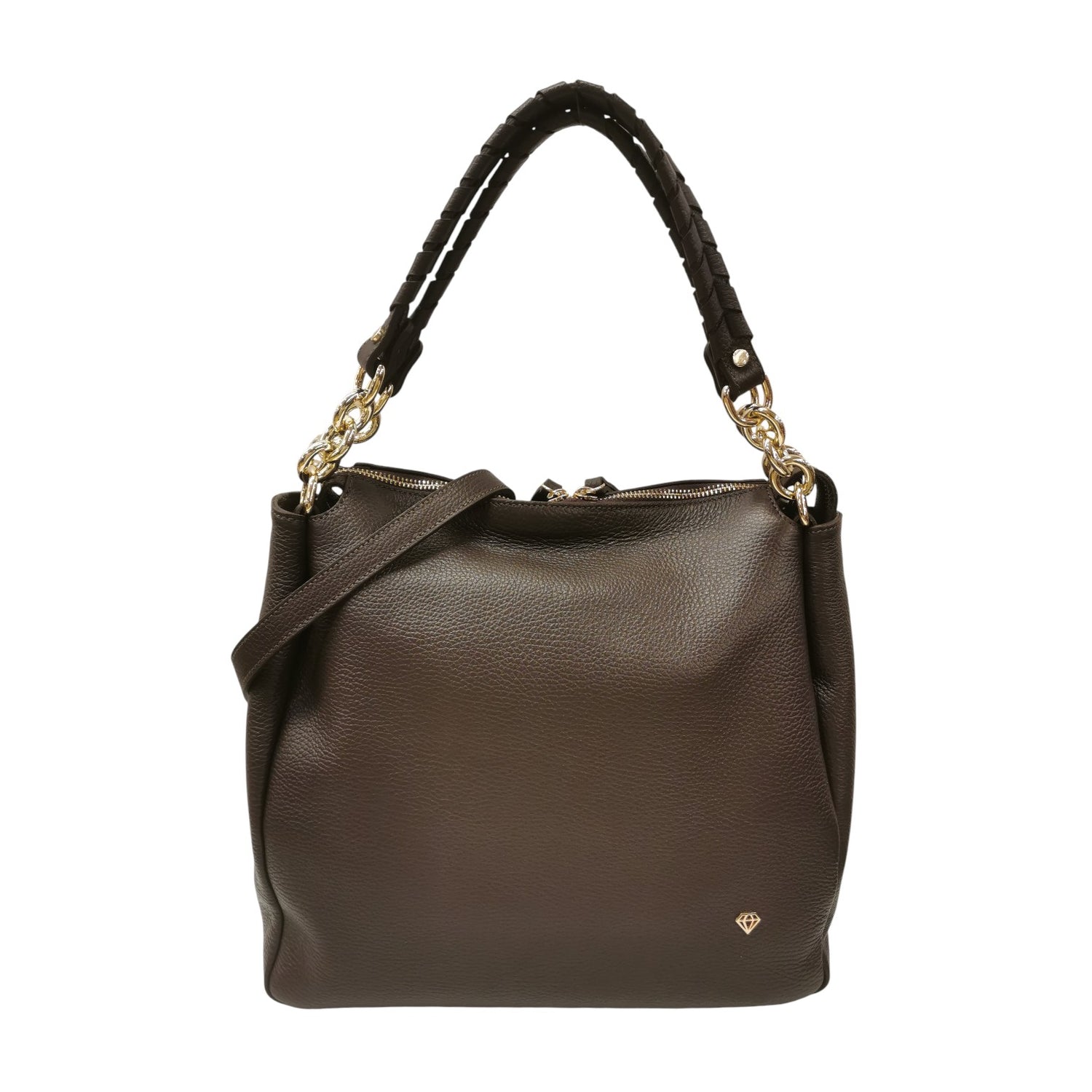 Caleidos Borsa a Spalla Donna in Pelle Marrone con Tracolla e Inserti Dorati