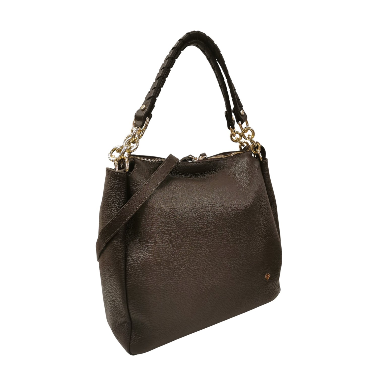 Caleidos Borsa a Spalla Donna in Pelle Marrone con Tracolla e Inserti Dorati