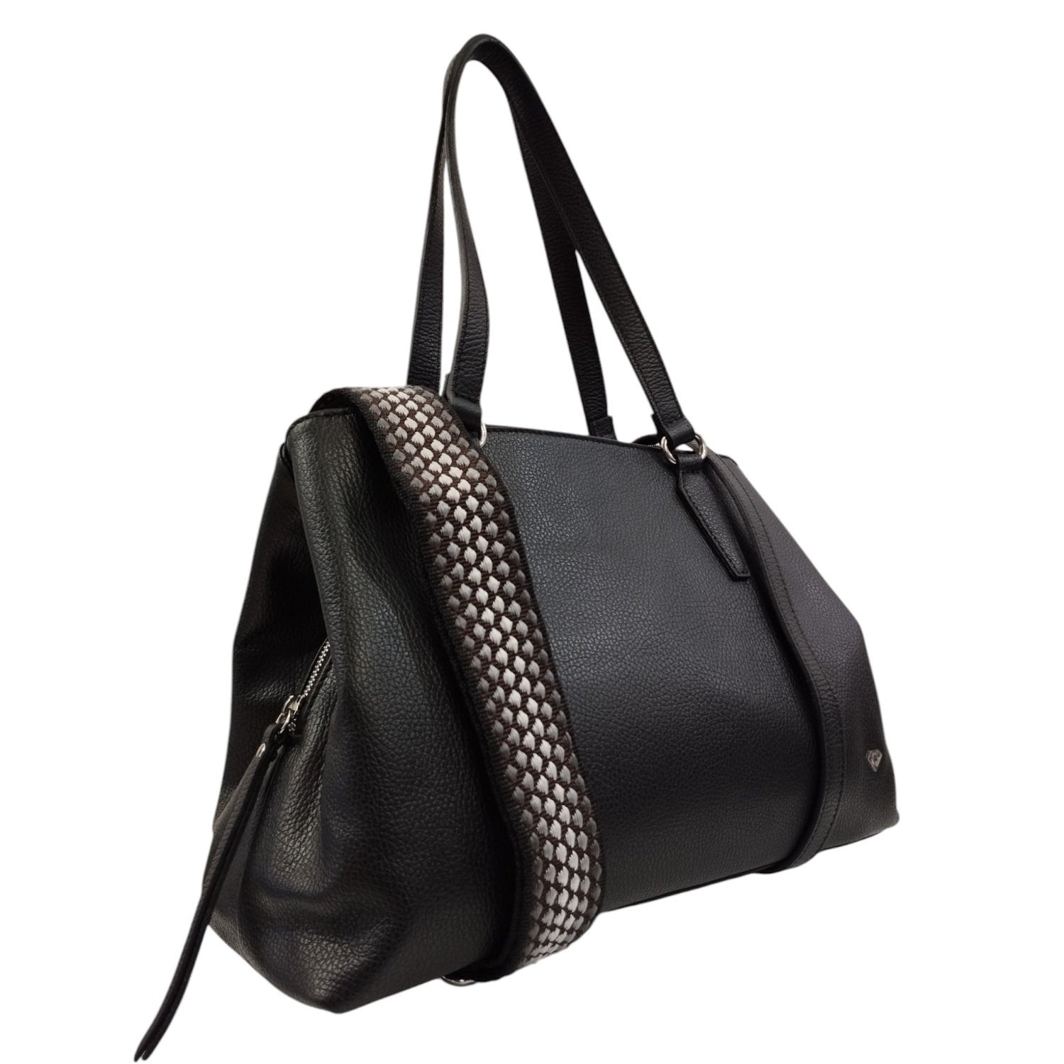 Caleidos Shopping Bag Grande Nera in Pelle con Doppia Tracolla