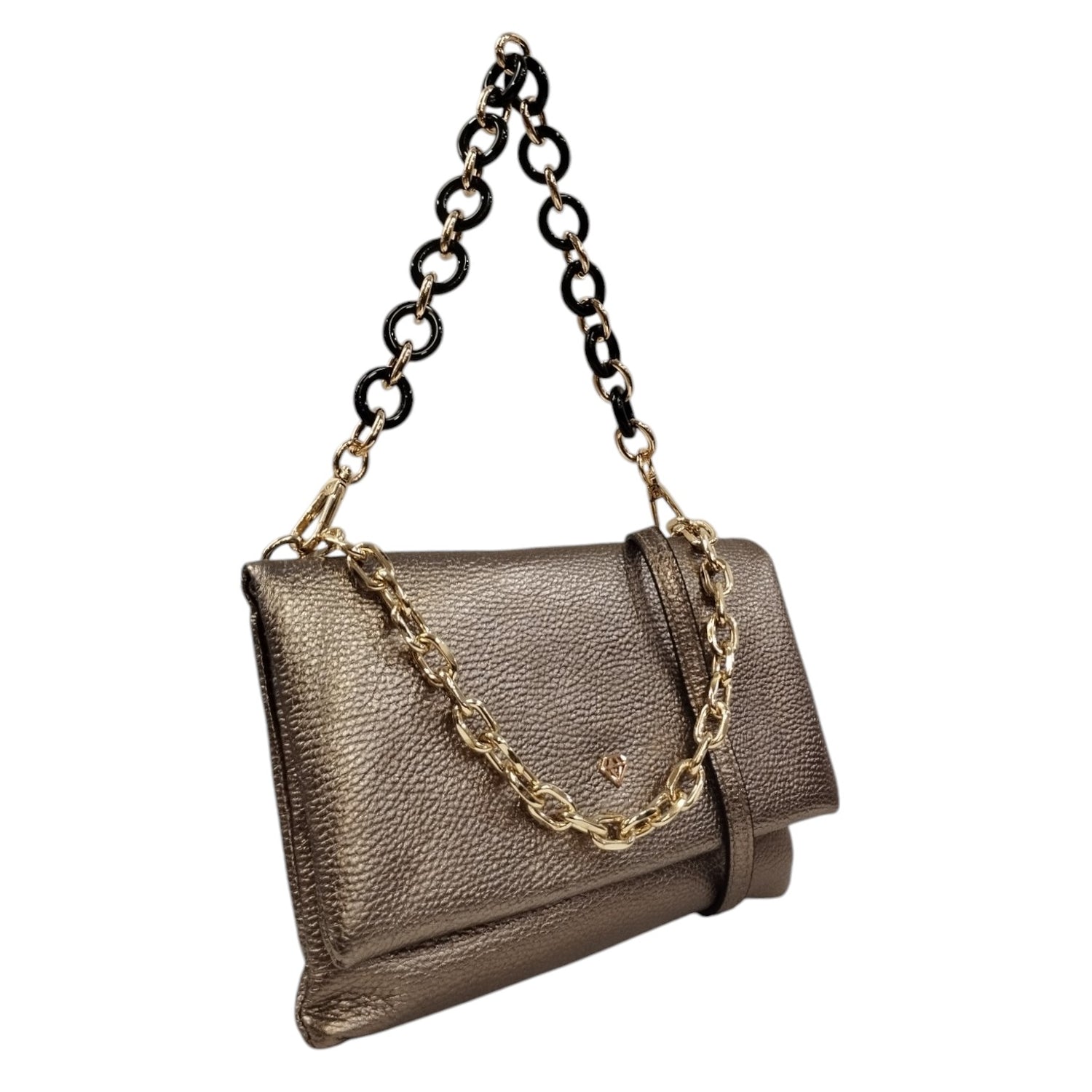 Caleidos Borsa a Tracolla Bustina Donna in Pelle Laminata Bronzo con Doppia Catena