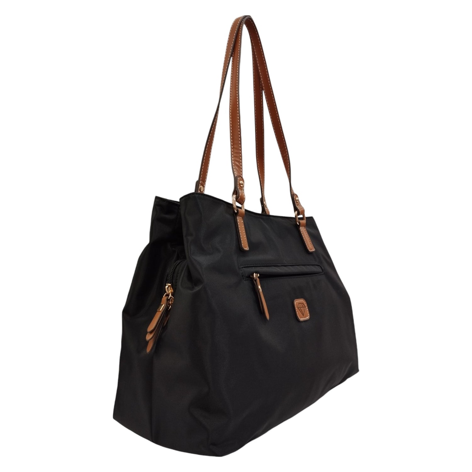 Caleidos Shopper Nera in Tessuto con Manici in Pelle