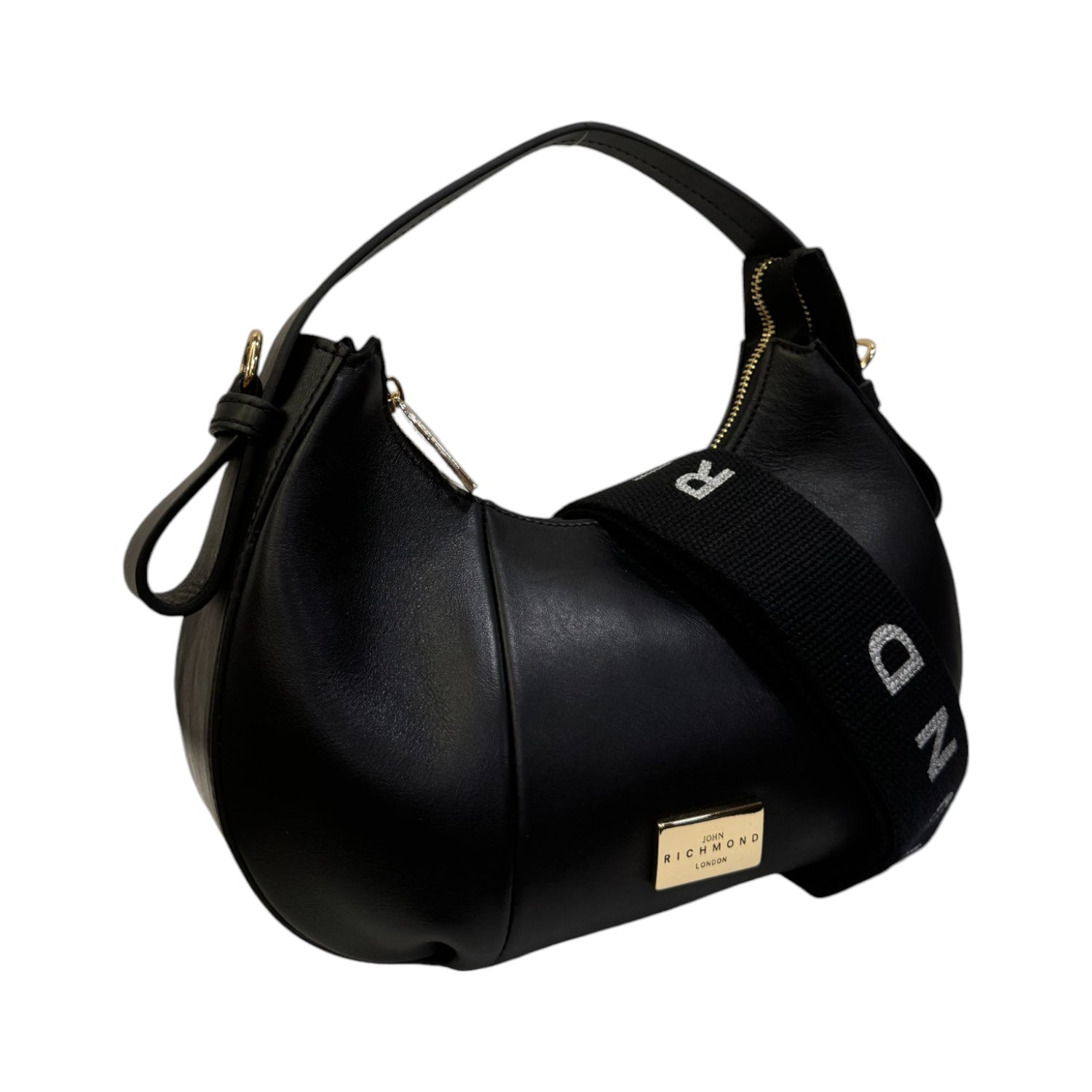John Richmond Borsa a Spalla M Donna in Pelle Nera e Metalleria Oro con Tracolla in Tessuto Logo