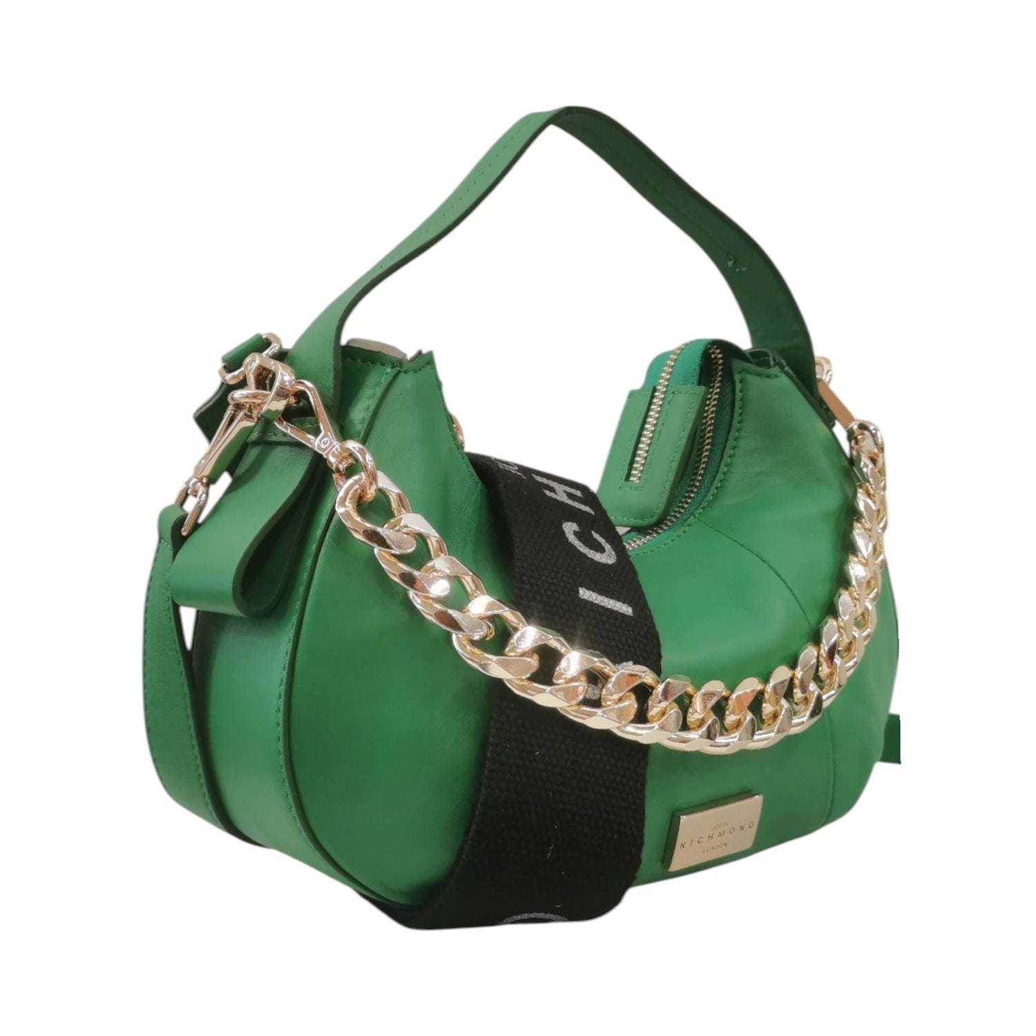 John Richmond Borsa a Spalla M Donna in Pelle Verde e Metalleria Oro con Tracolla in Tessuto Logo e Catena Frontale