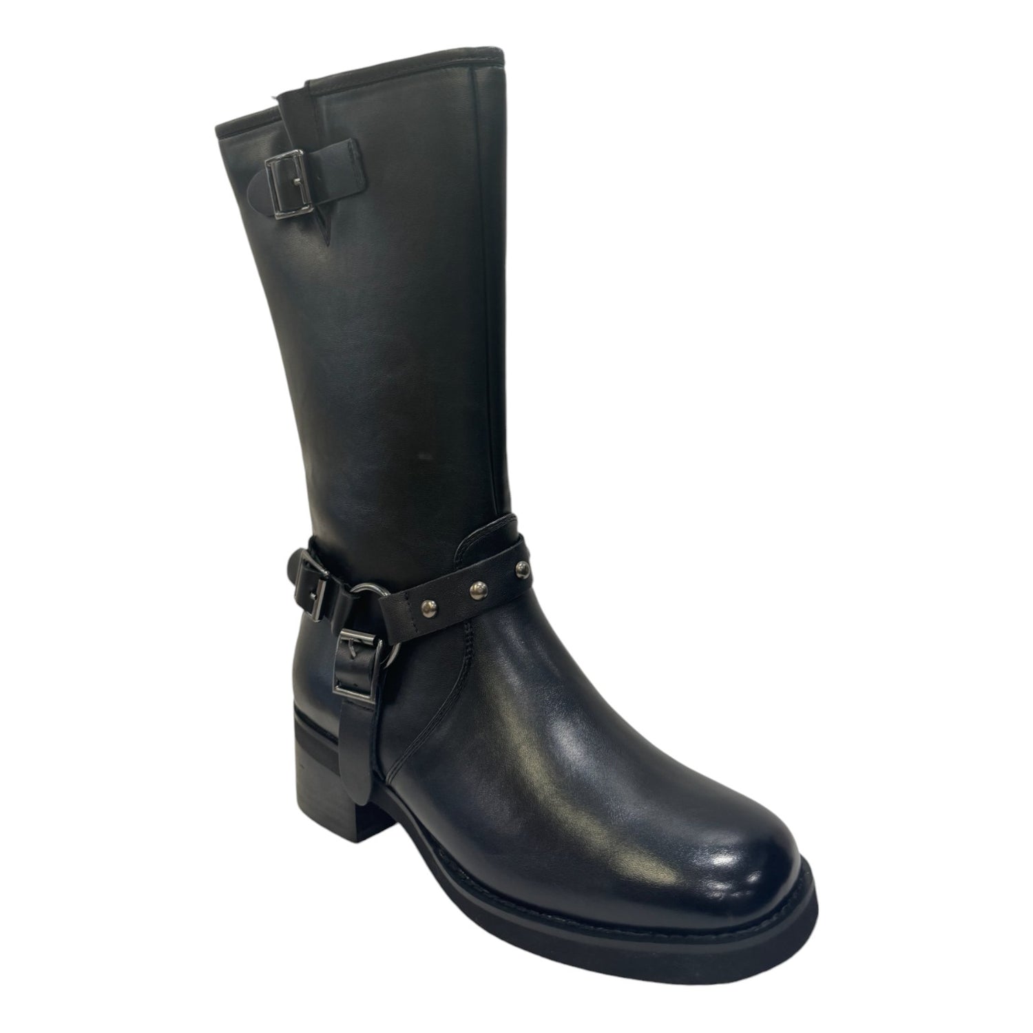Keys Stivale Donna in Misto Pelle Nero con Doppia Fibbia e Tacco Largo 50mm