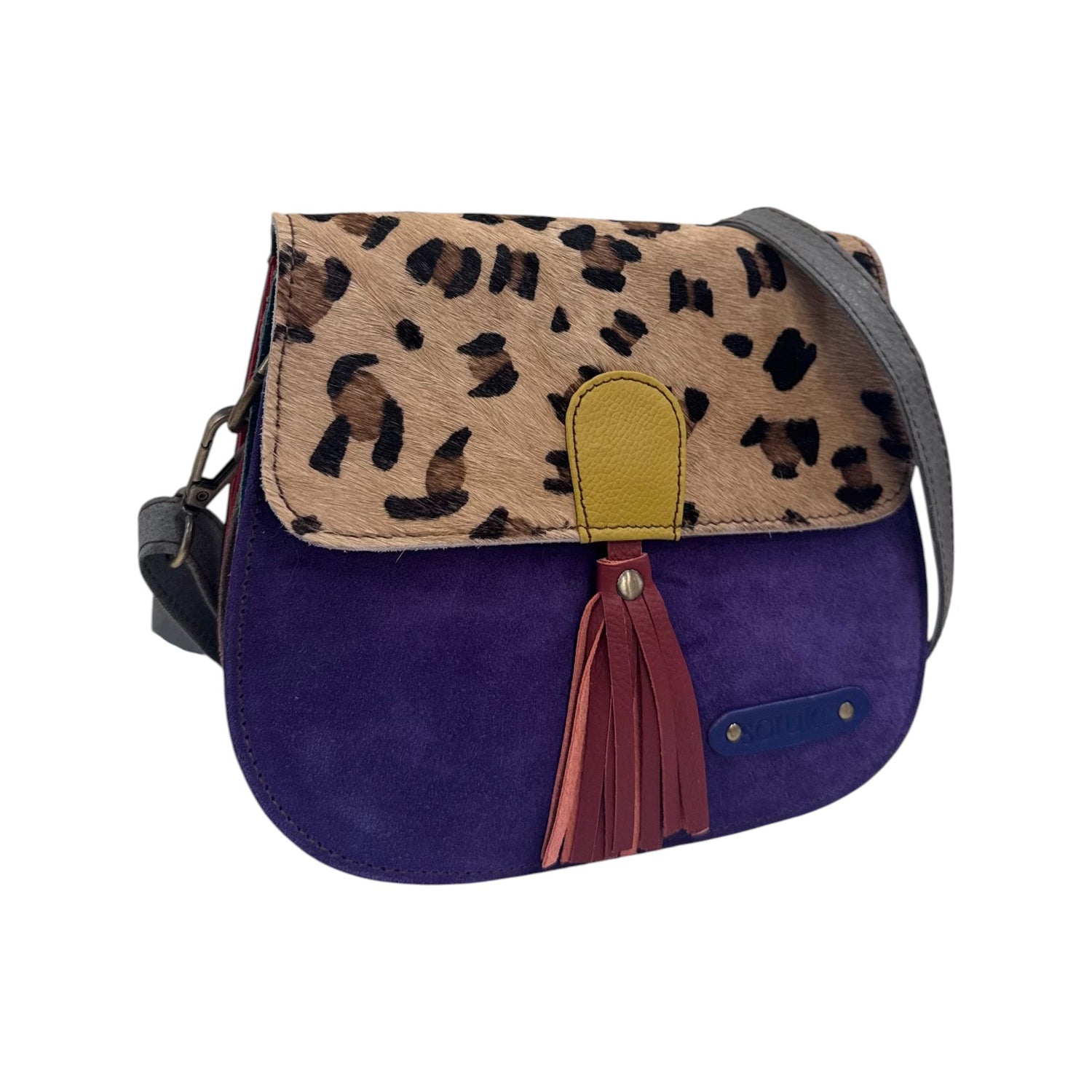 Soruka Tracolla Donna Lena in Camoscio e Pelle Multicolor con Stampa Maculata e Nappa