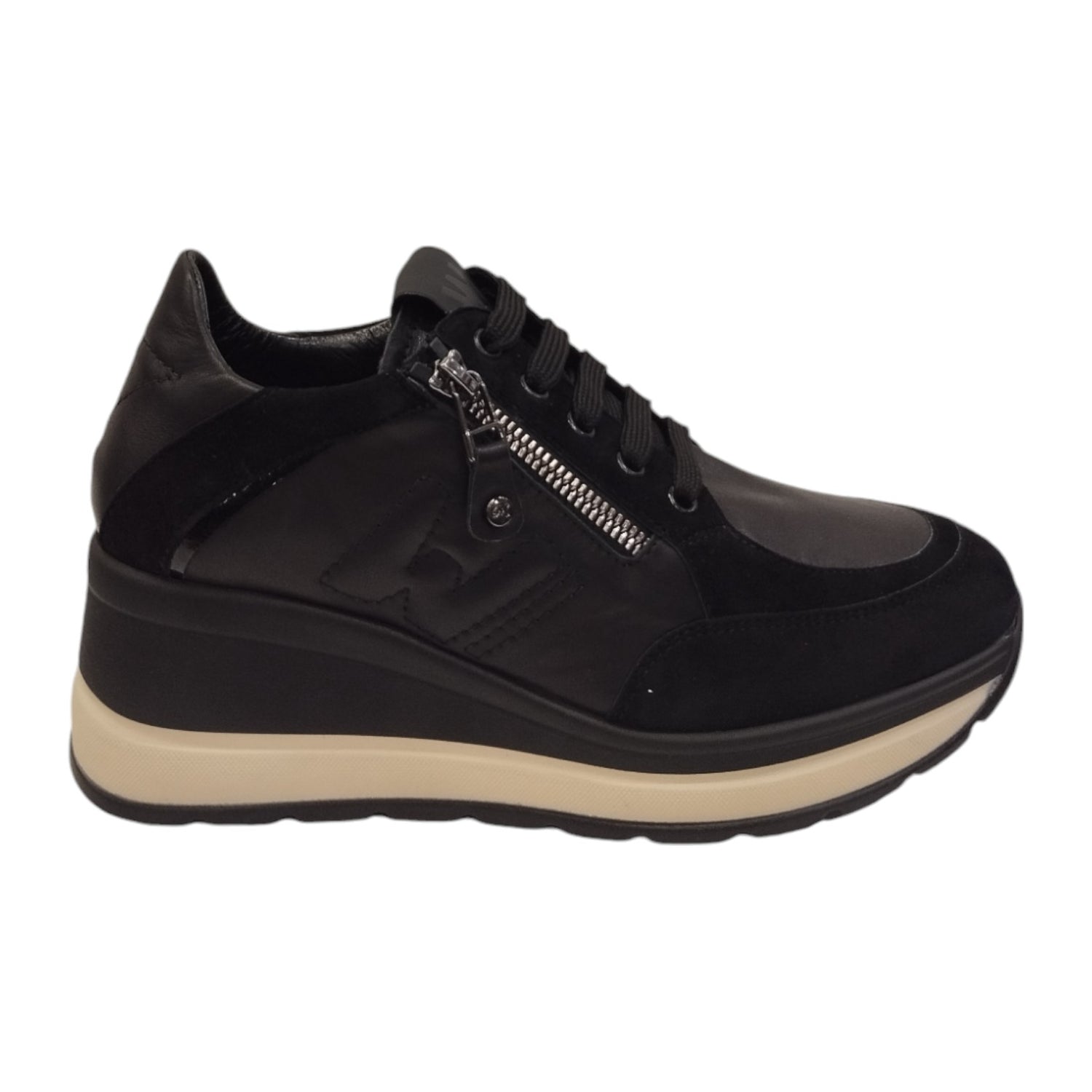 Melluso Sneakers Nera in Camoscio e Pelle con Zeppa da Donna