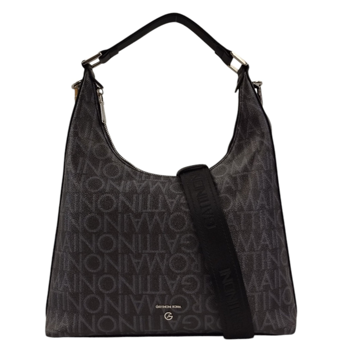 Gattinoni Roma Borsa Hobo Donna Logata Nera con Tracolla Tessuto Logo