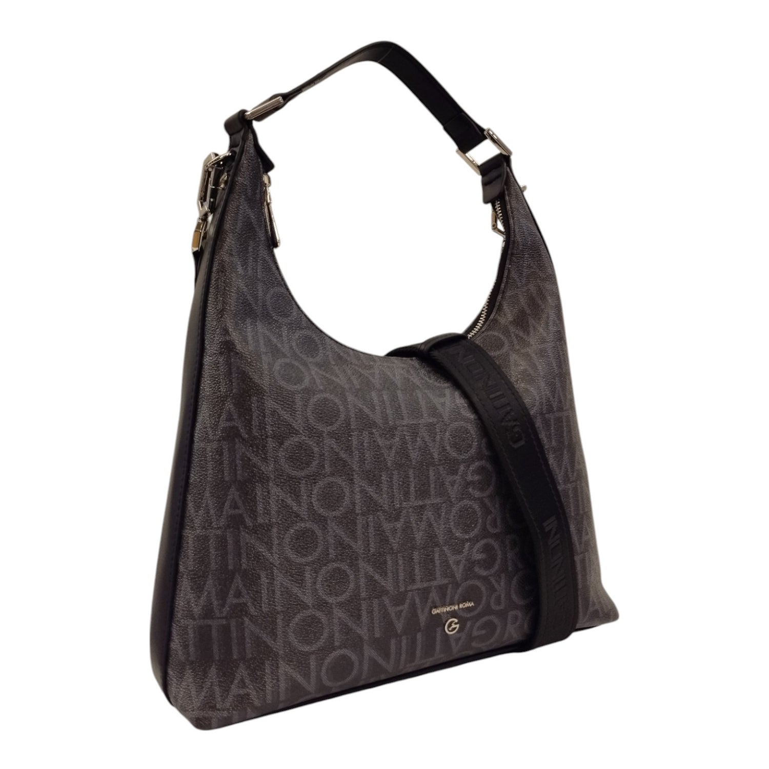 Gattinoni Roma Borsa Hobo Donna Logata Nera con Tracolla Tessuto Logo