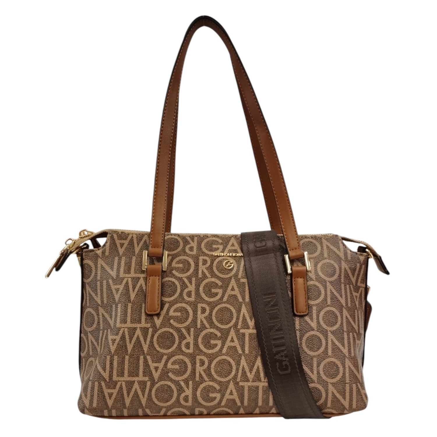 Gattinoni Roma Borsa a Spalla Media Donna in Colore Cuoio Maxi Logo Lettering con Tracolla Tessuto
