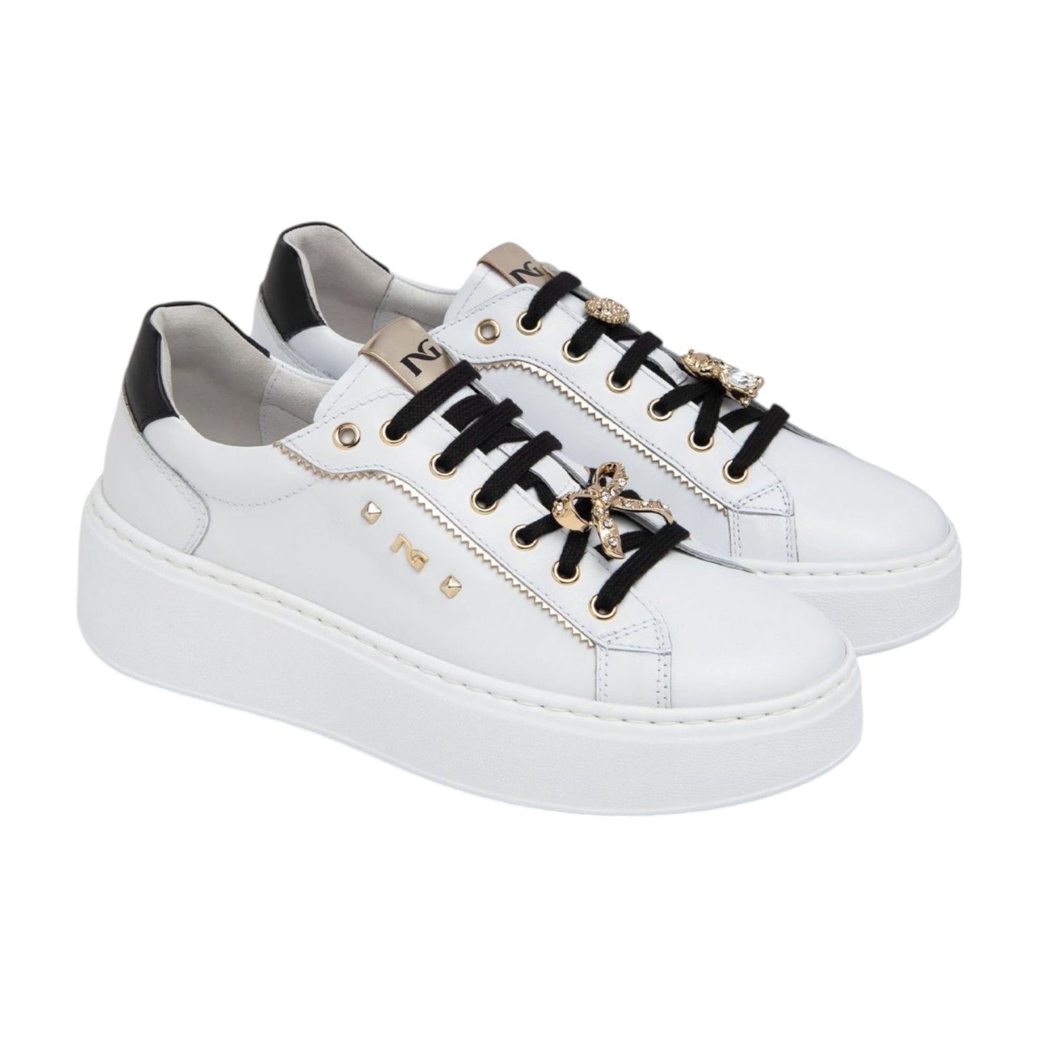 Nero Giardini Sneakers Platform Bianca in Pelle con Accessori da Donna