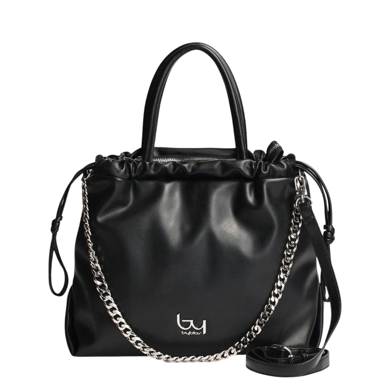 By Byblos Borsa a Mano in Ecopelle Nero Silver con Catena Oro e Tracolla