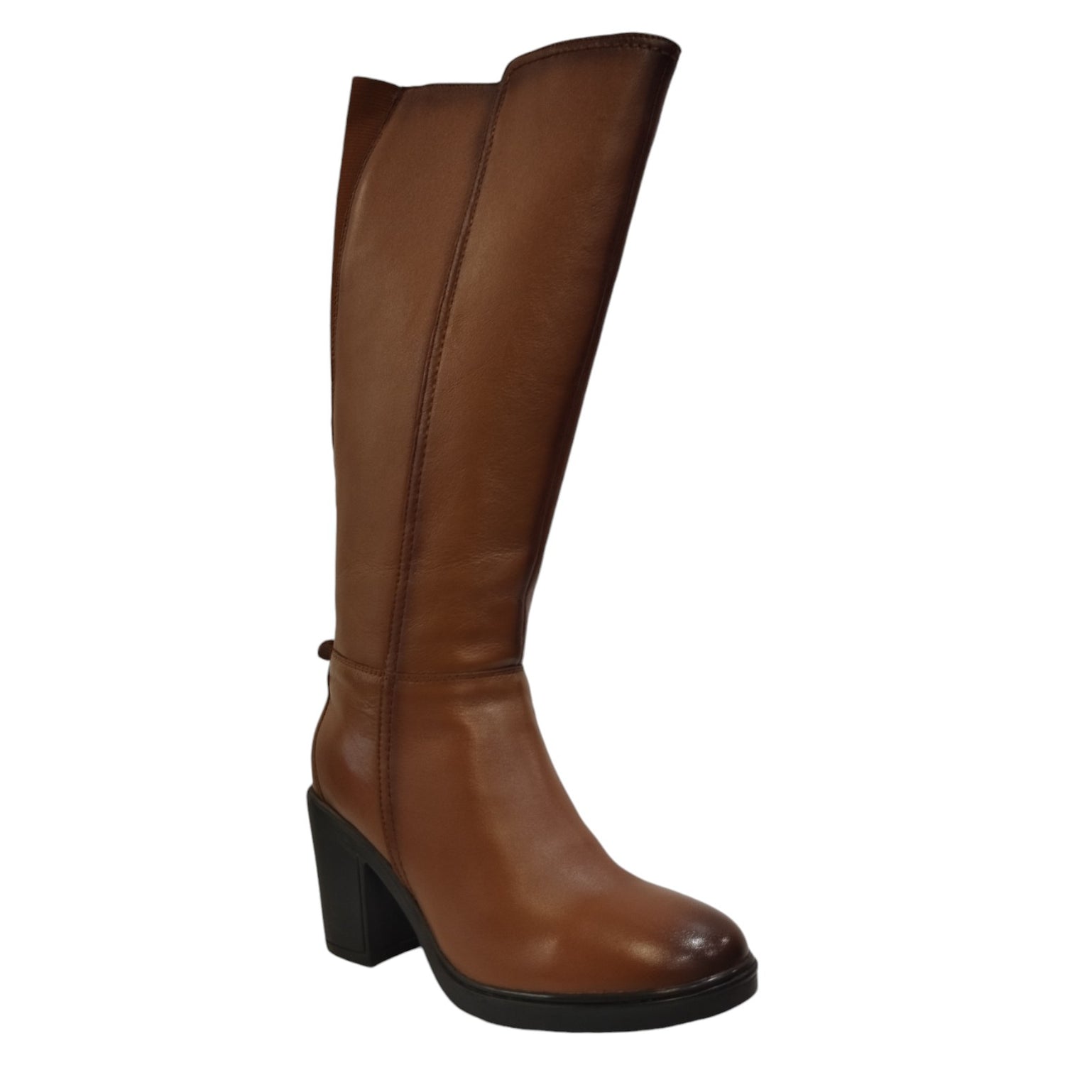 Cayetano Giménez Stivale Alto Donna in Pelle Cuoio con Tacco Largo di 8cm