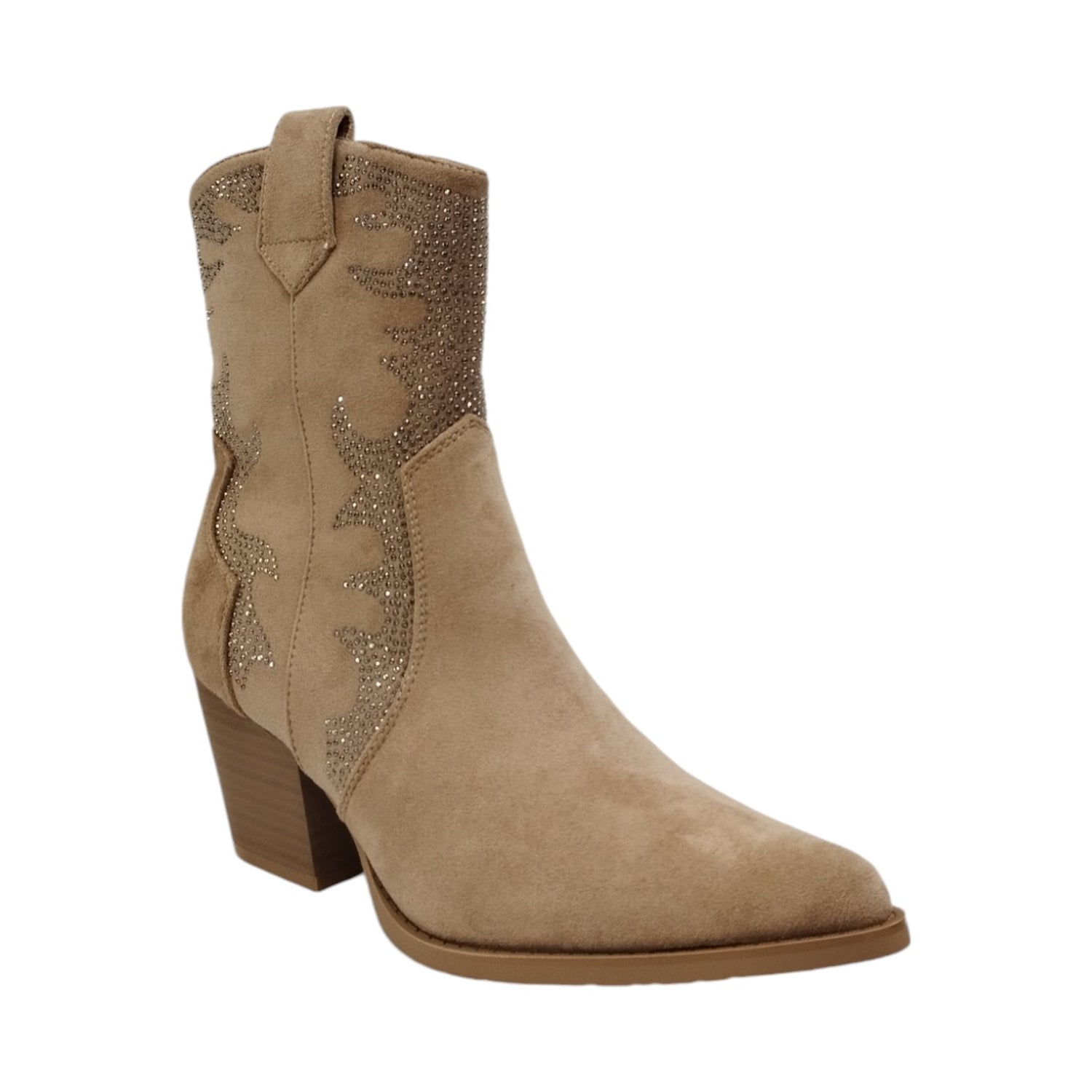 Cayetano Giménez Camperos Donna in Camoscio Beige con Strass e Tacco Largo di 6,5cm