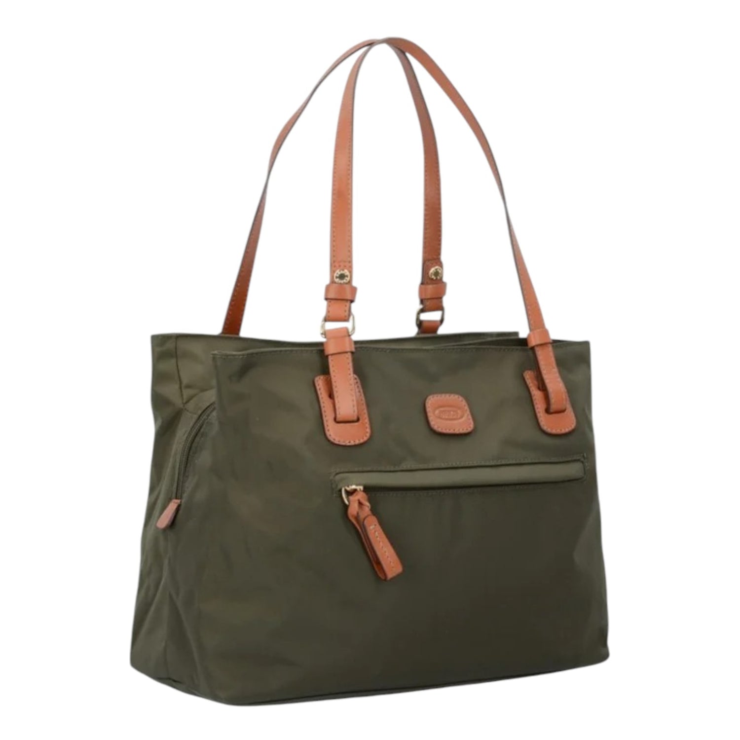 Bric's Shopper Media Donna in Tessuto Oliva con Manici in Pelle
