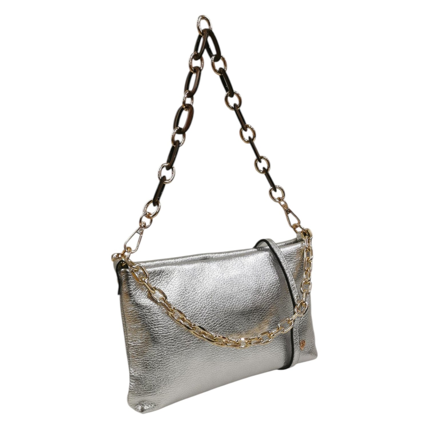 Caleidos Borsa a Spalla Donna in Pelle Laminata Argento con Doppia Catena e Tracolla