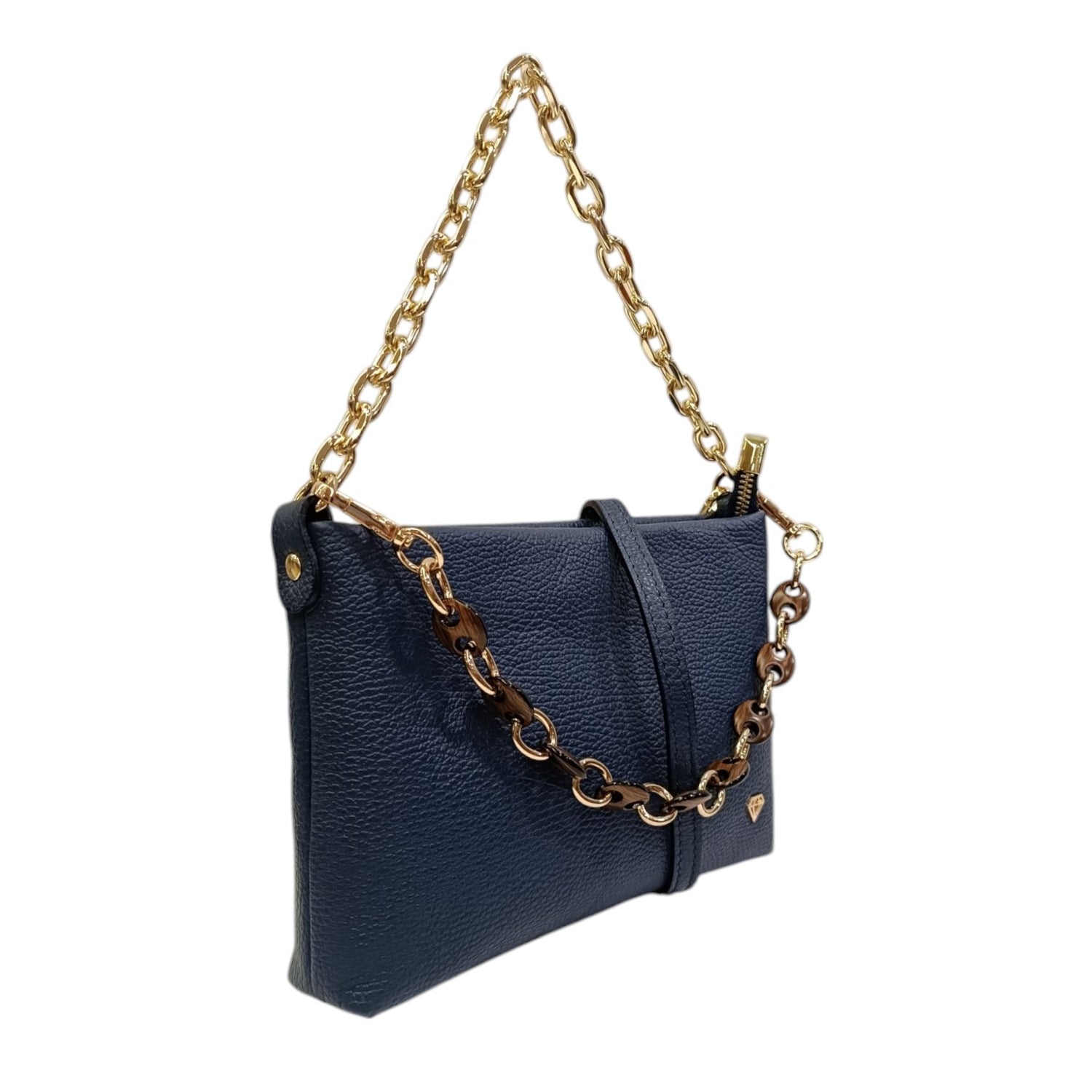 Caleidos Borsa a Spalla Donna in Pelle Blu con Doppia Catena e Tracolla