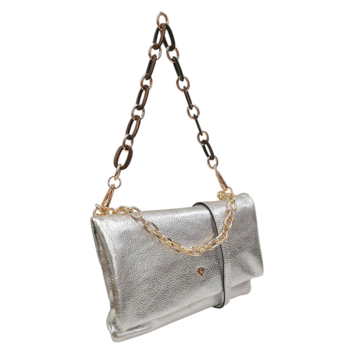 Caleidos Borsa a Spalla Donna in Pelle Laminata Argento con Doppia Catena e Tracolla con Bottoncino
