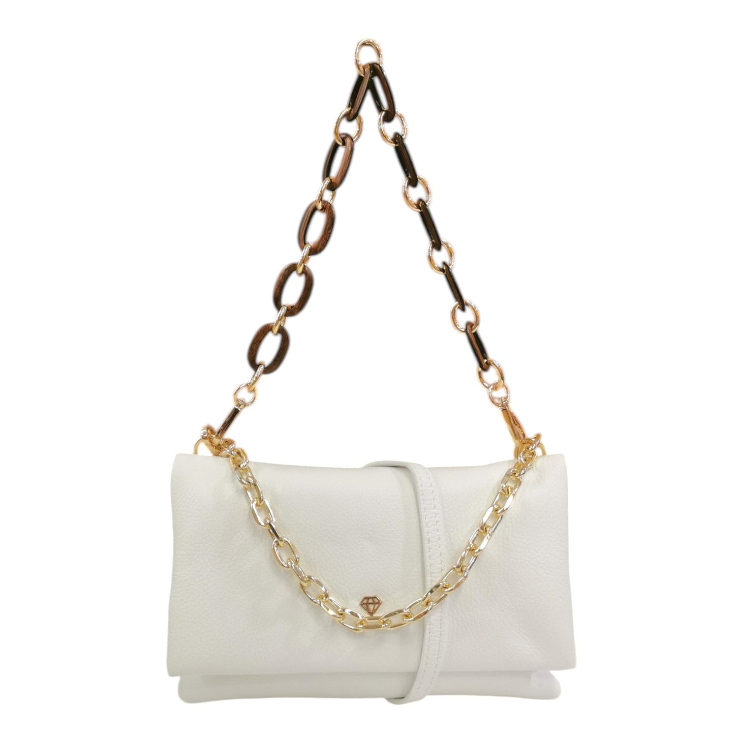 Caleidos Borsa a Spalla Donna in Pelle Bianca con Doppia Catena e Tracolla con Bottoncino