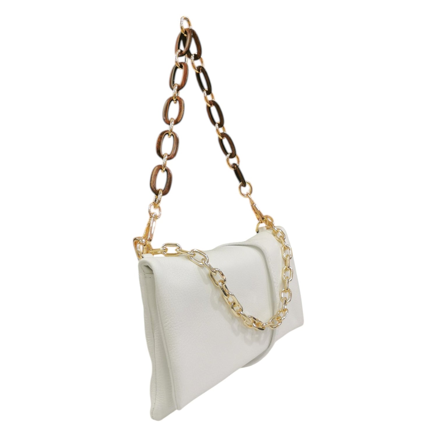 Caleidos Borsa a Spalla Donna in Pelle Bianca con Doppia Catena e Tracolla con Bottoncino