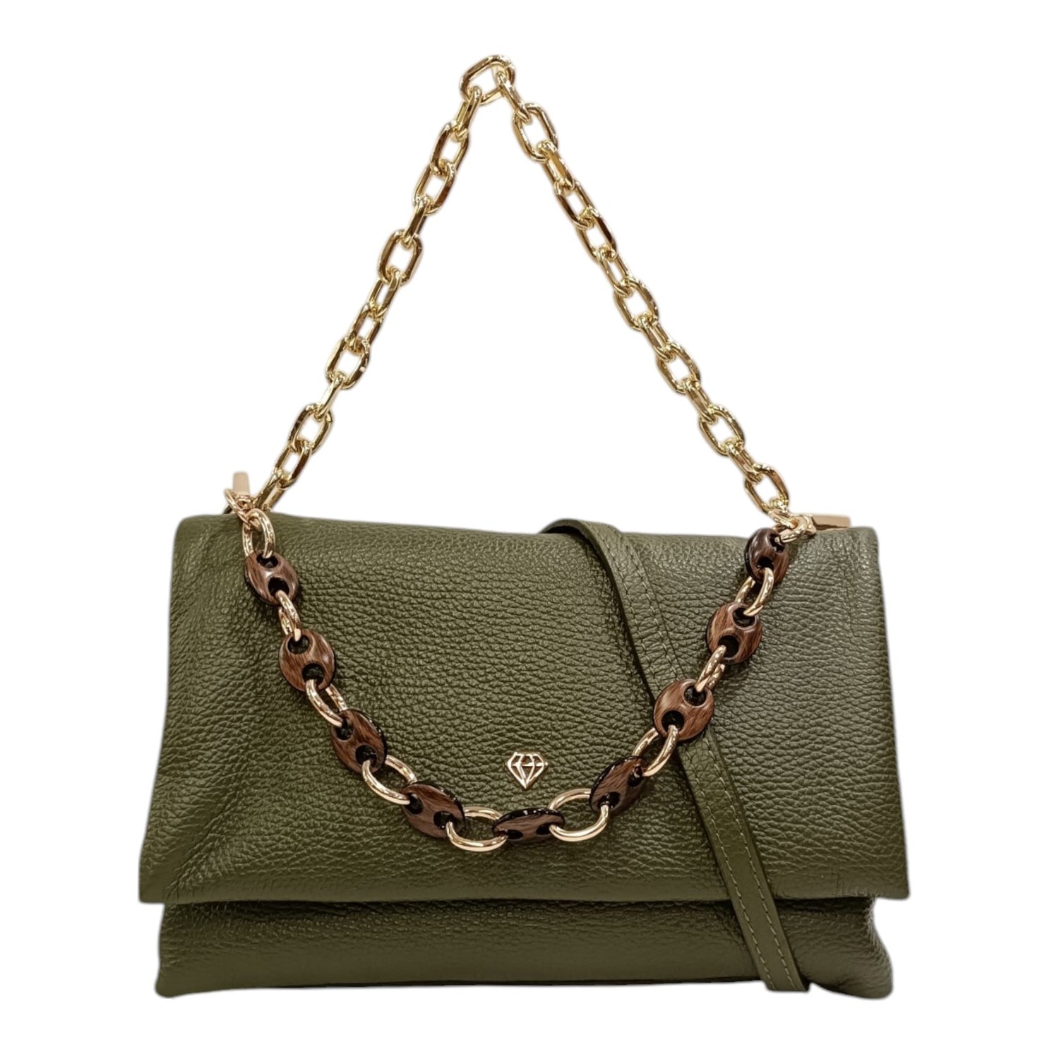 Caleidos Borsa a Spalla Donna in Pelle Foresta con Doppia Catena e Tracolla con Bottoncino