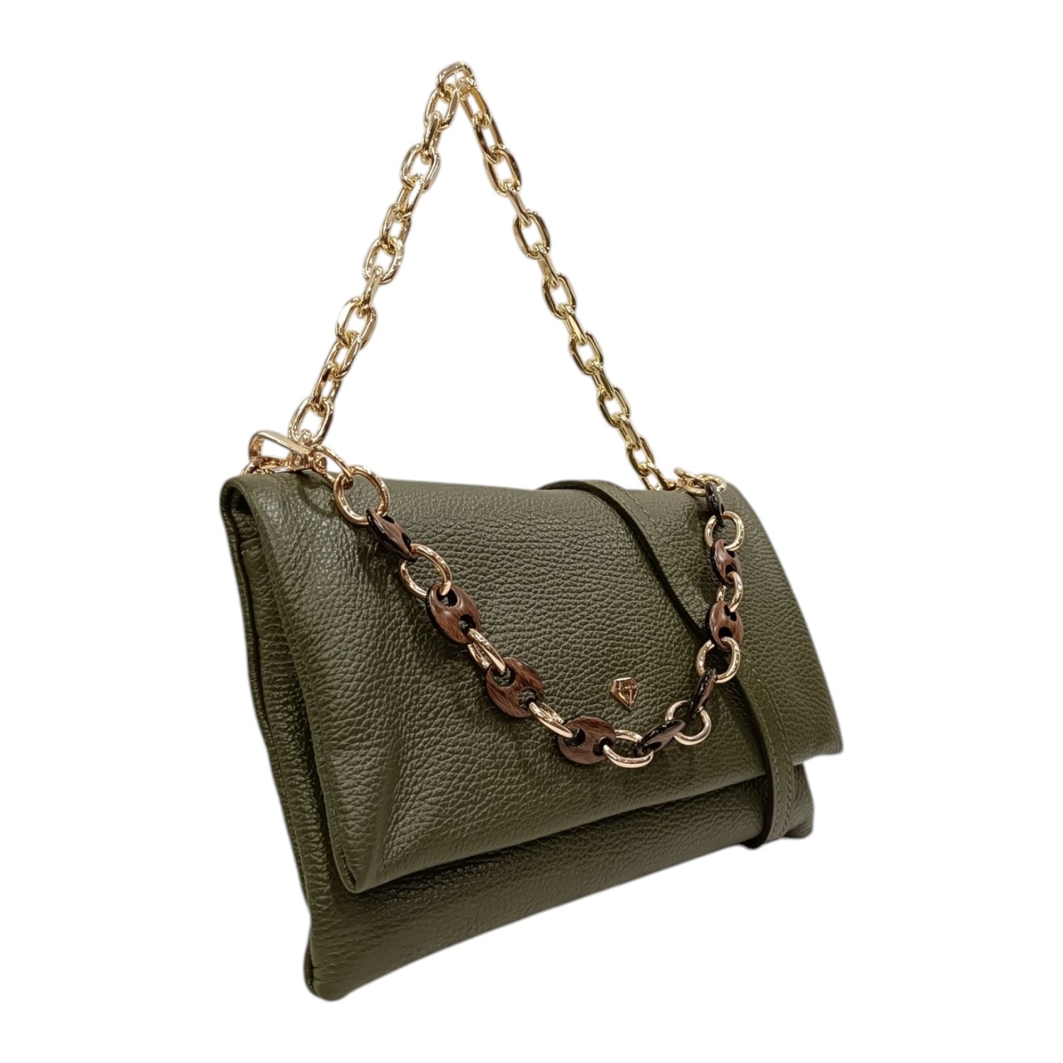 Caleidos Borsa a Spalla Donna in Pelle Foresta con Doppia Catena e Tracolla con Bottoncino