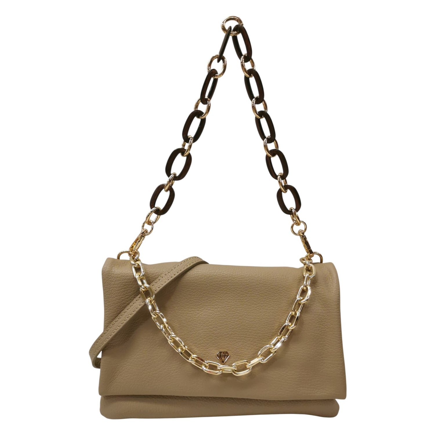 Caleidos Borsa a Spalla Donna in Pelle Marmo con Doppia Catena e Tracolla con Bottoncino