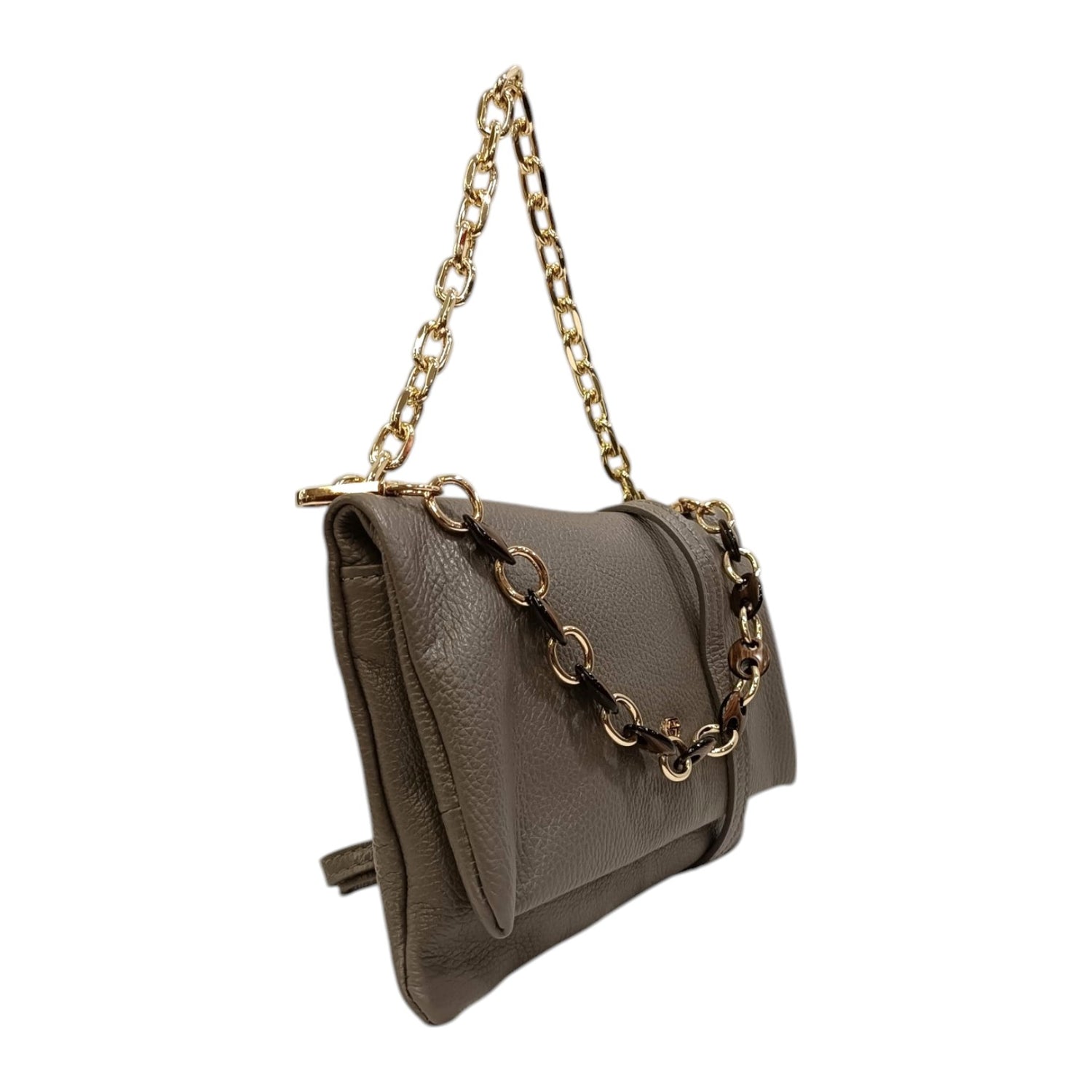 Caleidos Borsa a Spalla Donna in Pelle Nebbia con Doppia Catena e Tracolla con Bottoncino