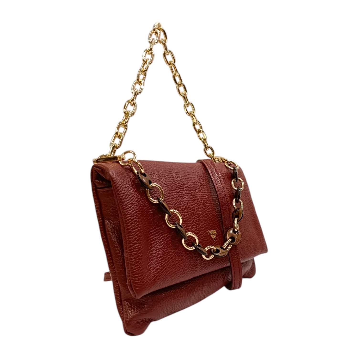 Caleidos Borsa a Spalla Donna in Pelle Vino con Doppia Catena e Tracolla con Bottoncino