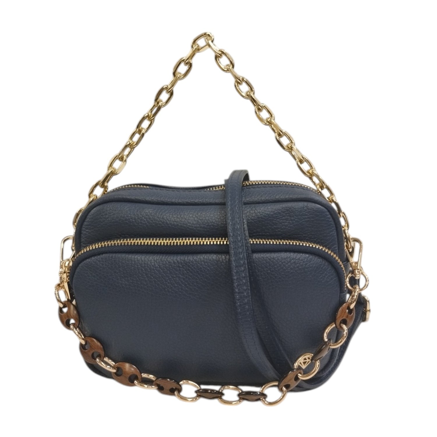 Caleidos Borsa a Tracolla Donna in Pelle Blu con Doppia Catena e Doppio Scomparto