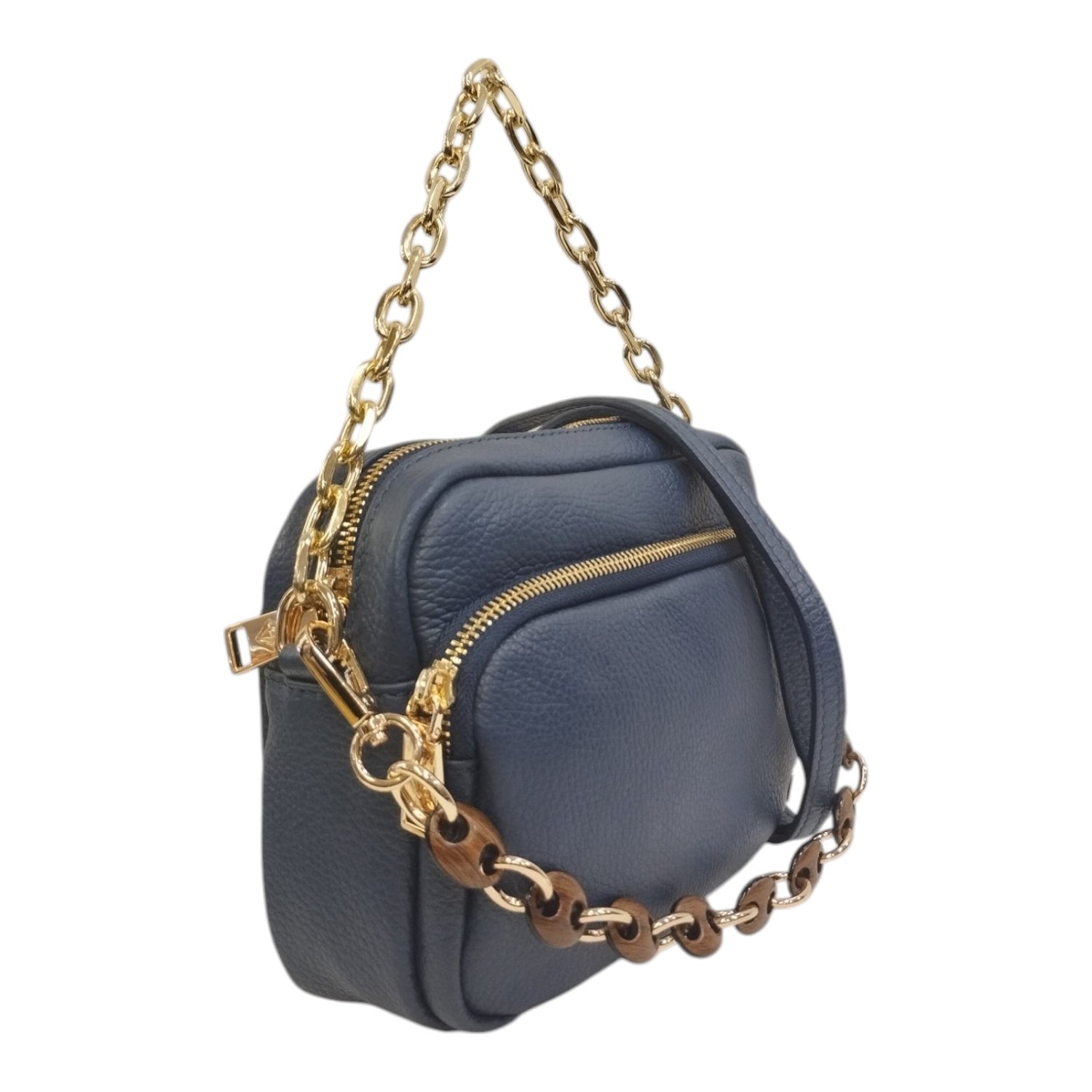 Caleidos Borsa a Tracolla Donna in Pelle Blu con Doppia Catena e Doppio Scomparto