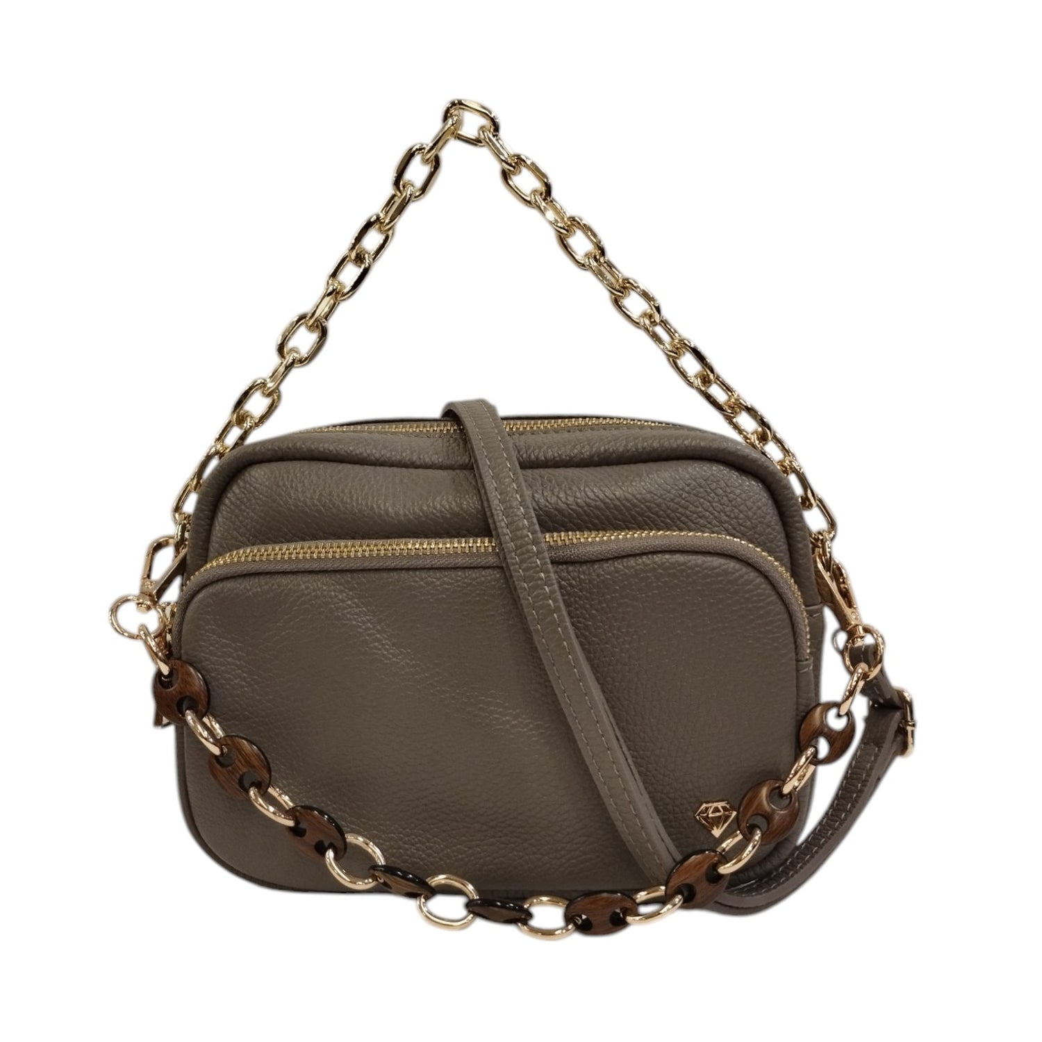 Caleidos Borsa a Tracolla Donna in Pelle Nebbia con Doppia Catena e Doppio Scomparto