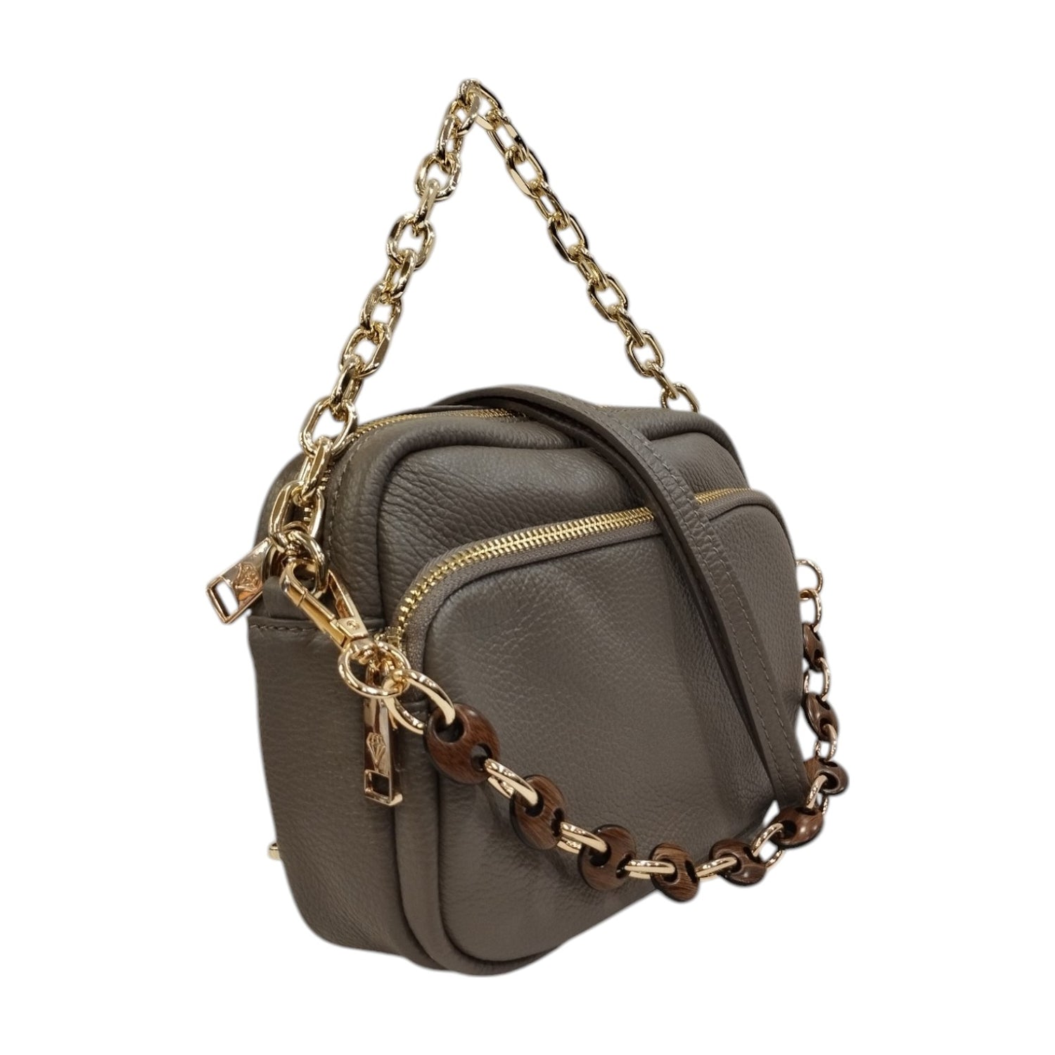 Caleidos Borsa a Tracolla Donna in Pelle Nebbia con Doppia Catena e Doppio Scomparto