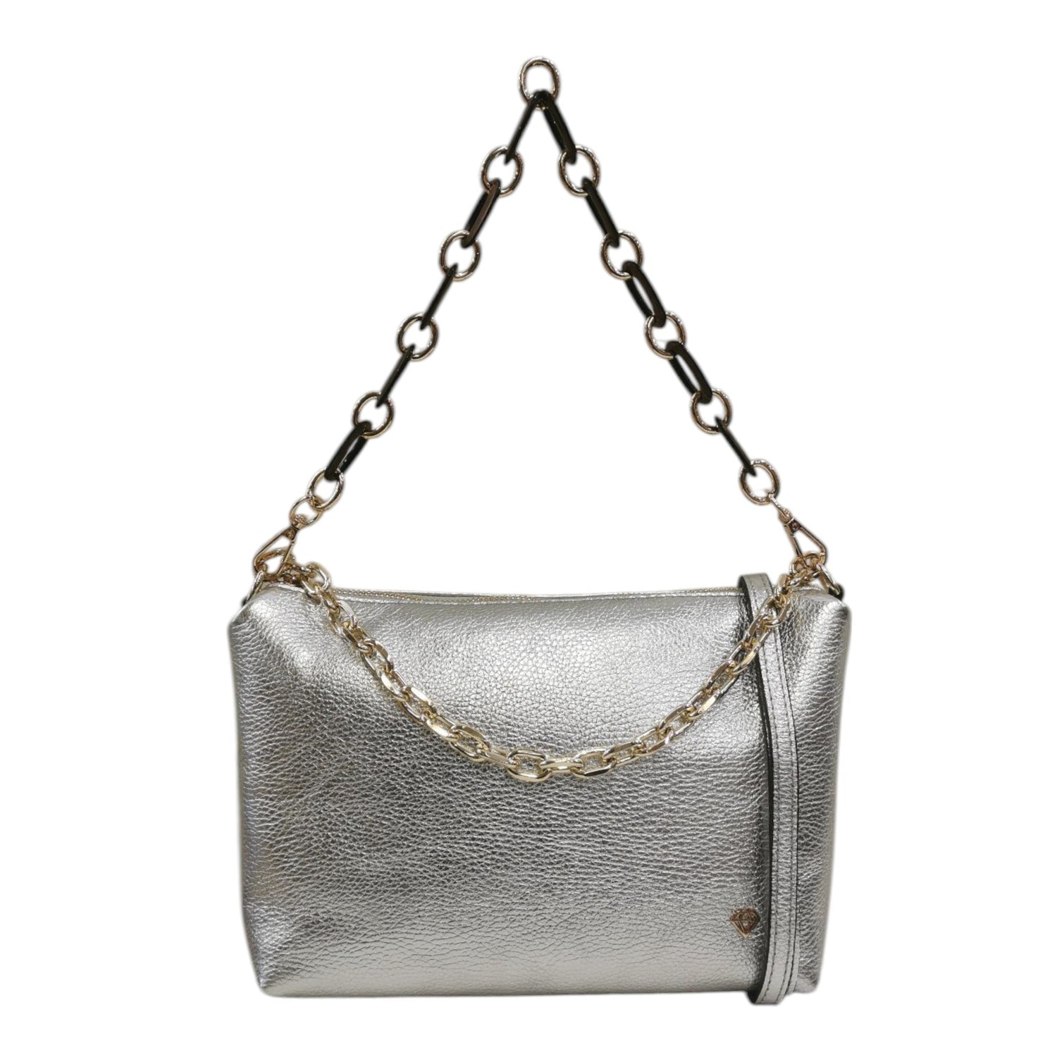 Caleidos Pochette Donna in Pelle Argento con Tracolla e Catena Dorata