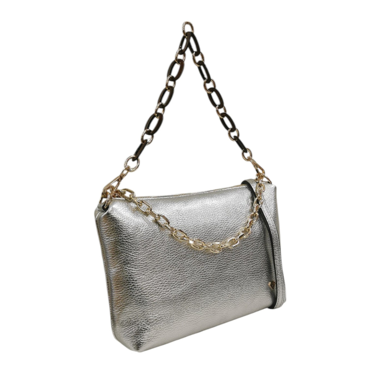 Caleidos Pochette Donna in Pelle Argento con Tracolla e Catena Dorata