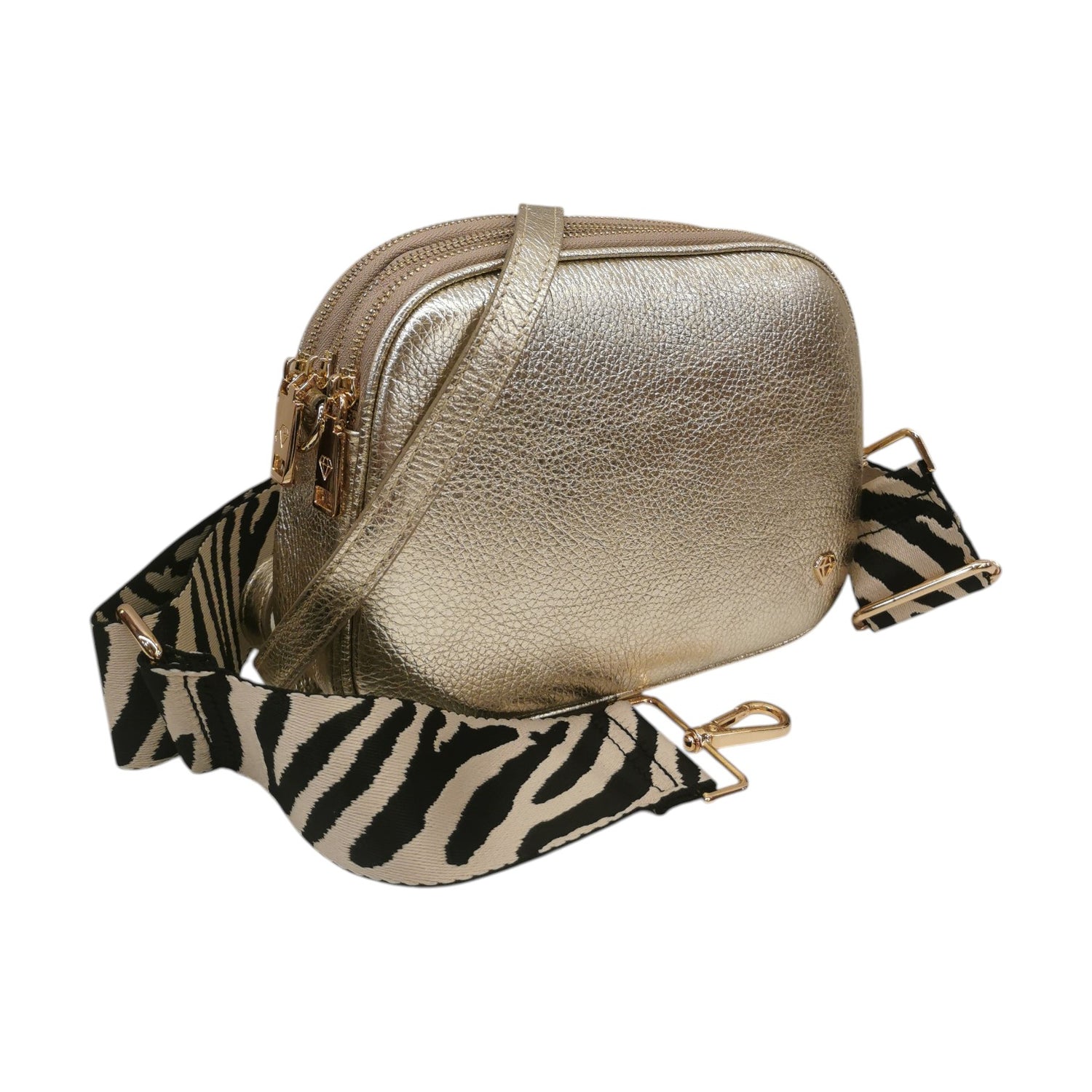 Caleidos Borsa a Tracolla Donna in Pelle Oro Laminata con Doppia Tracolla