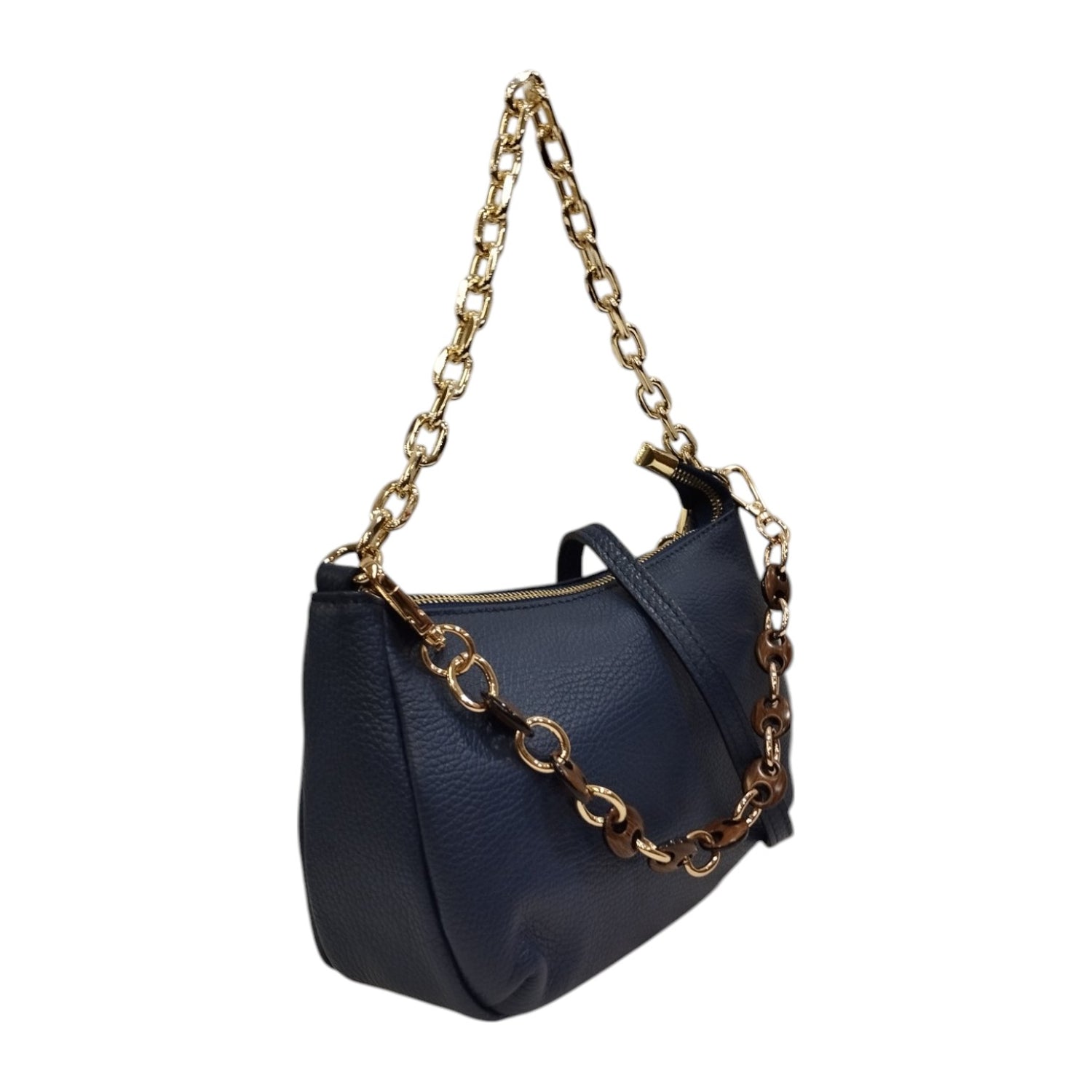 Caleidos Borsa a Spalla Piccola Donna in Pelle Blu con Doppia Catena Dorata