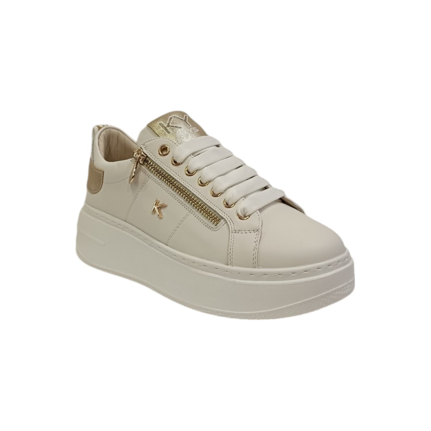 Keys Sneakers Platform Donna in Pelle Bianca Beige con Cerniera Laterale