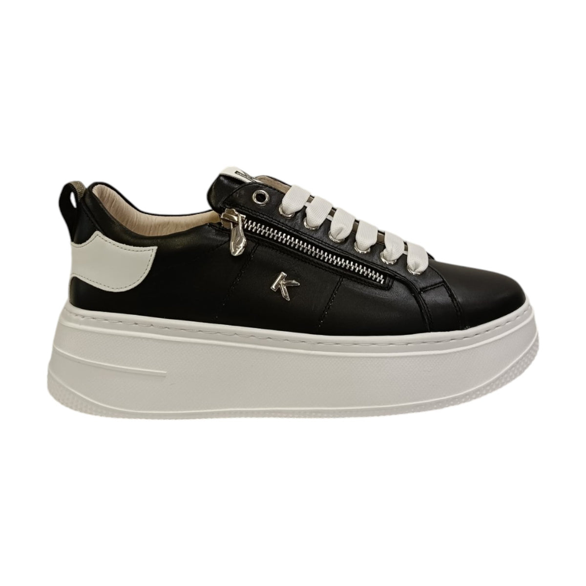 Keys Sneakers Platform Donna in Pelle Nera Bianca con Cerniera Laterale