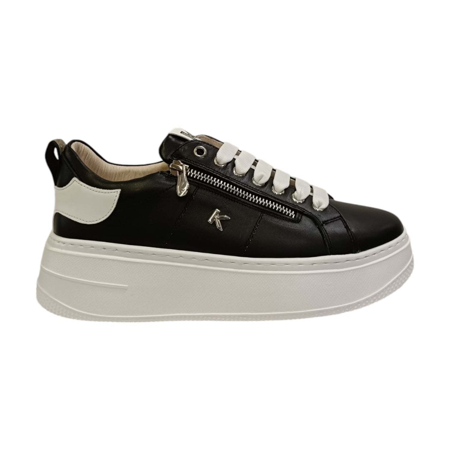 Keys Sneakers Platform Donna in Pelle Nera Bianca con Cerniera Laterale