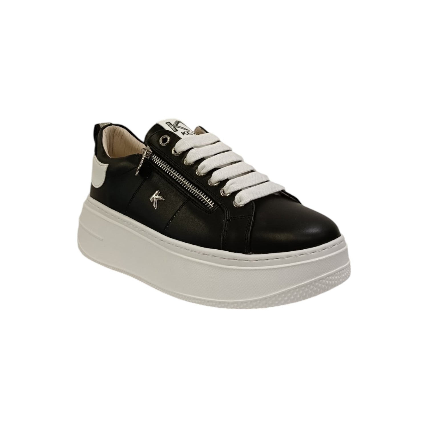 Keys Sneakers Platform Donna in Pelle Nera Bianca con Cerniera Laterale