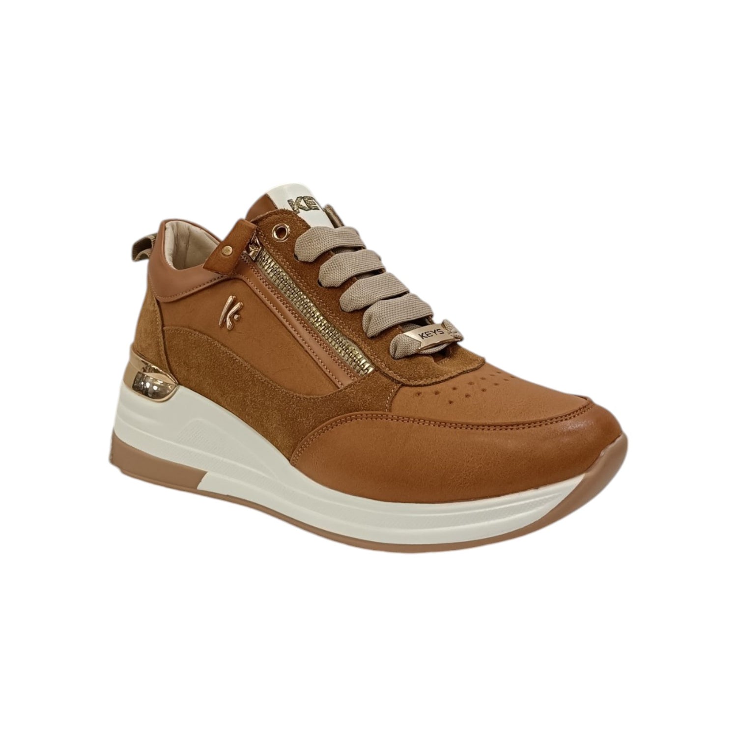 Keys Sneakers Donna in Pelle Cuoio con Lacci e Zip Laterale