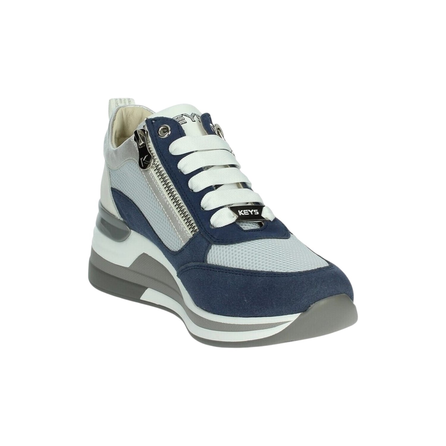 Keys Sneakers Donna in Pelle e Tessuto Grigio Blu con Lacci e Zip Laterale