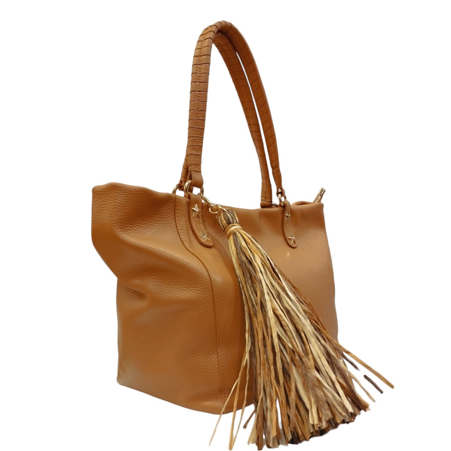 M Brc Borsa a Spalla Donna in Pelle Cognac Linea Farouk con Accessorio Laterale Removibile