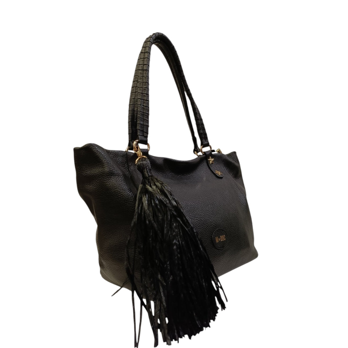 M Brc Borsa a Spalla Donna in Pelle Nero Linea Farouk con Accessorio Laterale Removibile