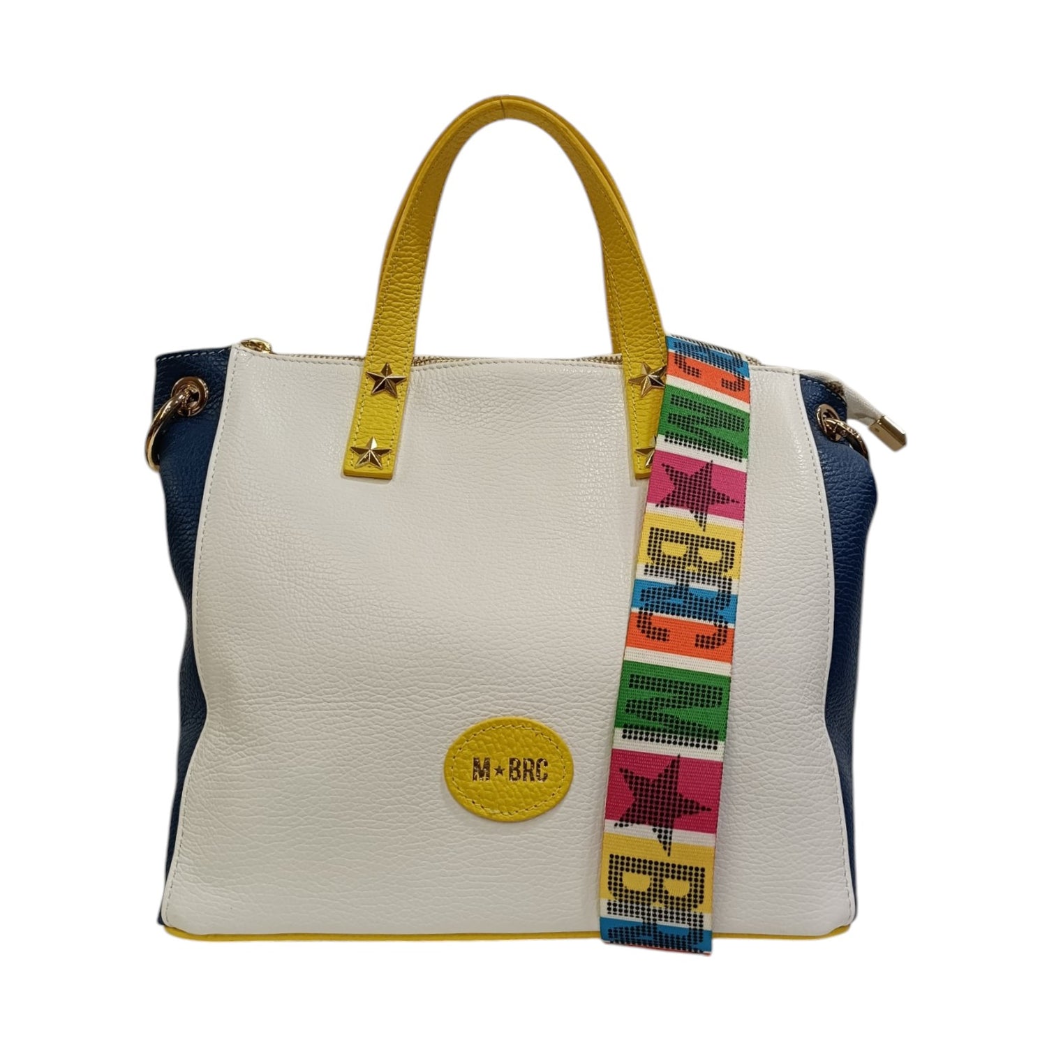 M Brc Borsa a Mano S Donna in Pelle Bianca Multi con Tracolla Logo Lettering Multicolor