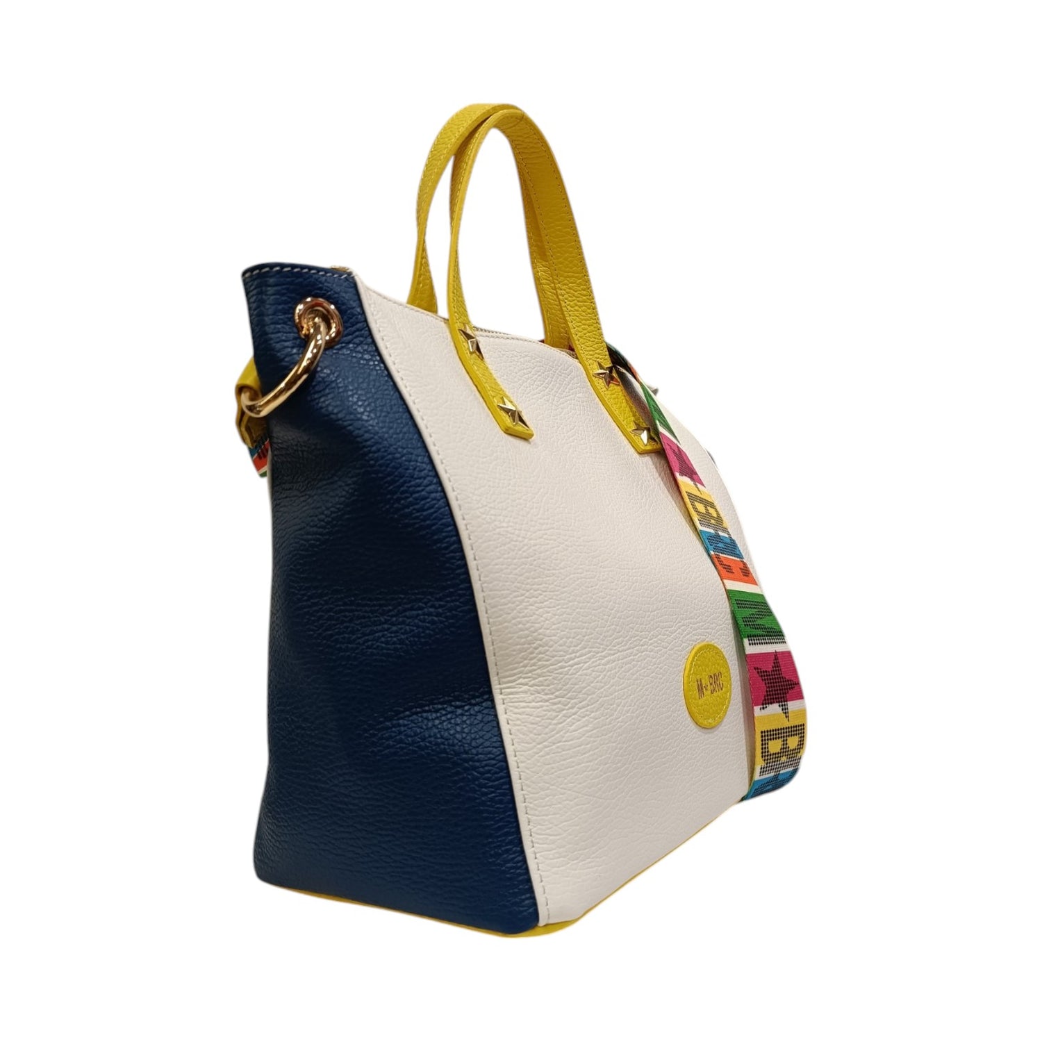 M Brc Borsa a Mano S Donna in Pelle Bianca Multi con Tracolla Logo Lettering Multicolor