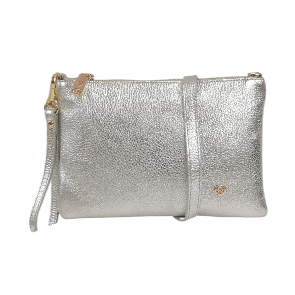 Caleidos Pochette Donna in Pelle Argento con Tracolla e Polsino e Logo Laterale