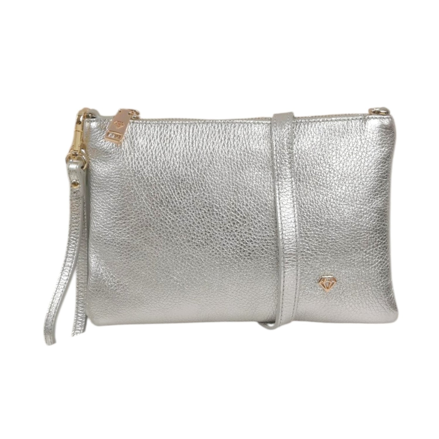 Caleidos Pochette Donna in Pelle Argento con Tracolla e Polsino e Logo Laterale