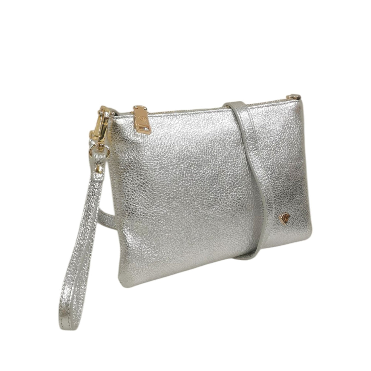 Caleidos Pochette Donna in Pelle Argento con Tracolla e Polsino e Logo Laterale