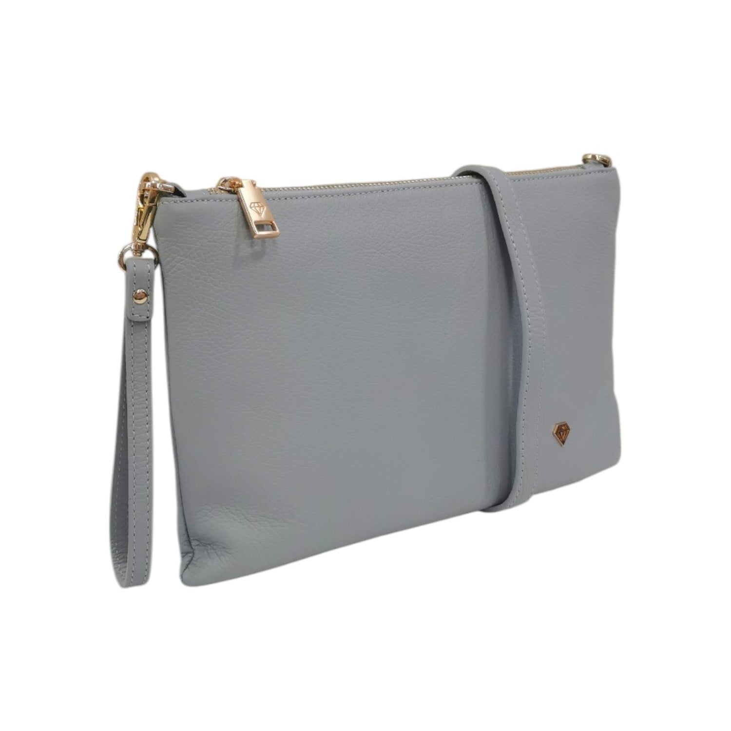 Caleidos Pochette Grande Donna in Pelle Azzurra con Tracolla e Polsino e Logo Laterale